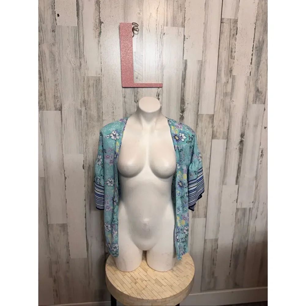 Speechless Floral Kimono Cardigan Size Large Blue Open Front Lightweight Boho Co
